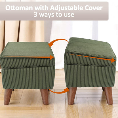 Storage Ottoman with Adjustable Lid, Soft Step Stool, Footrest and Seat, Ottoman Foot Rest for Living Room, Bedroom, Dorm, Green
