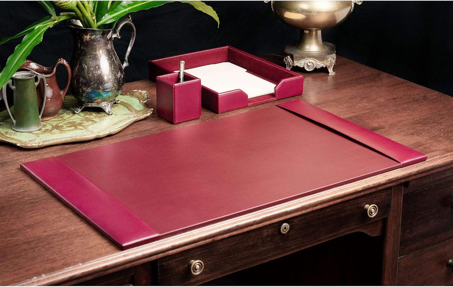 Dacasso Burgundy Bonded Leather Luxury 3-Piece Desk Accessory Set - Blotter Pad & Desk Organization Essentials - Executive Decor and Surface Protector
