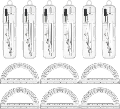 6 Sets Compass and Protractor Sets Student Basics Geometry Math Set Metal Compass and 6 Inch 180 Degree Protractors Geometry Graphing Drawing Tools for Office and School Supplies(Clear)