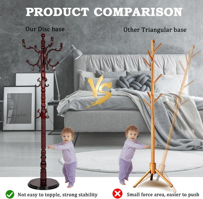 Coat Racks Free Standing with 14 Hooks, Natural Wood Coat Rack with Solid Round Base, Adjustable Height Coat Racks, Easy Assembly for Hallway, Bedroom and Office (Reddish brown)
