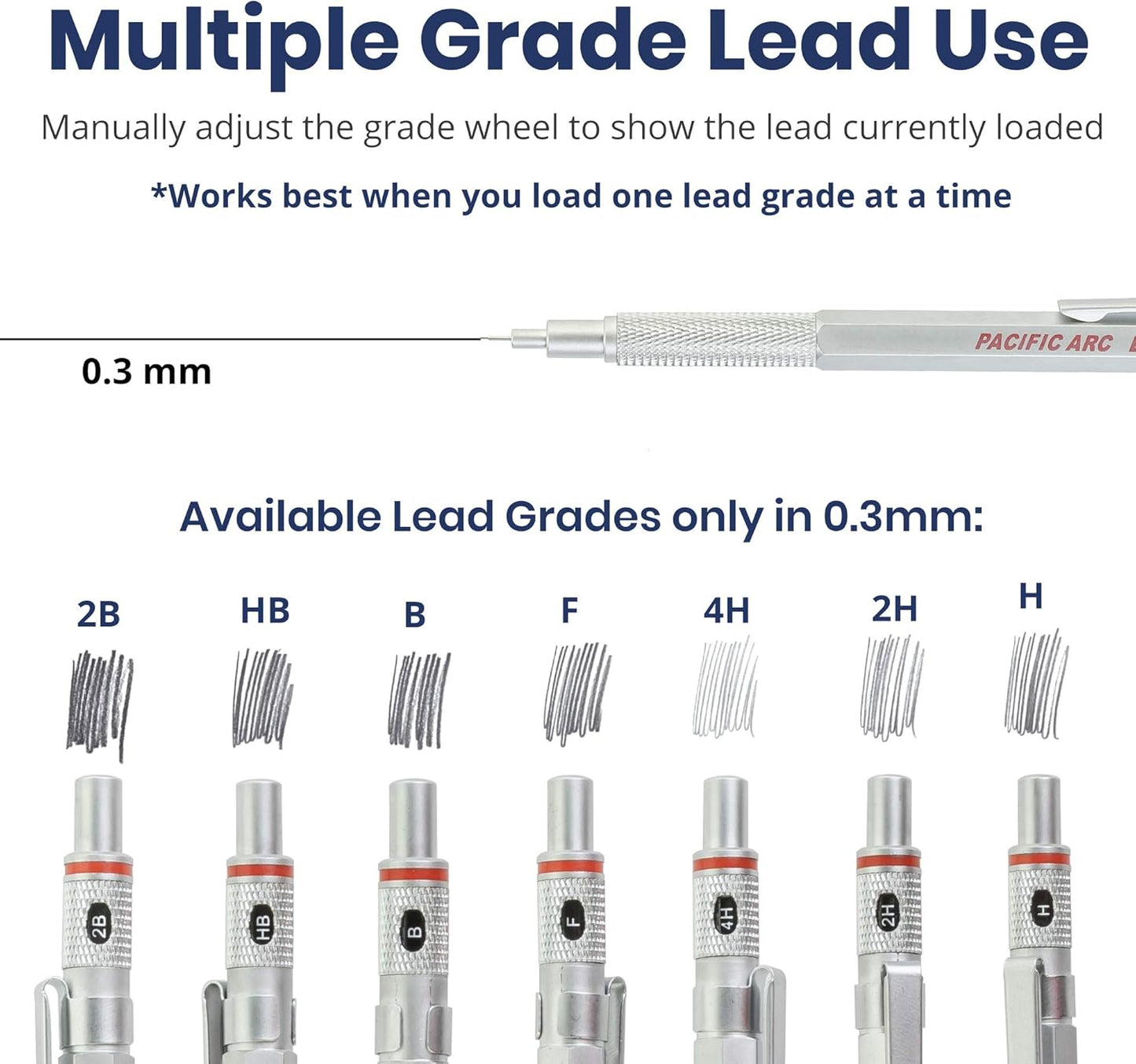 Pacific Arc Chromagraph Metal Mechanical Pencil .3 mm Silver Barrel Mechanical Pencil with Built In Lead Pencil Grade Indicator, Lead Pencil Holder for Drafting, Sketching, and Drawing