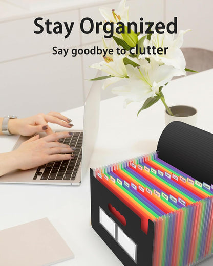 Expanding File Folder, 24 Pocket Accordion A4 Letter Size Portable Document Organizer with Colored Tabs, Expandable Bill Coupon Folder - Black