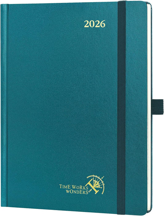 POPRUN 2026 Planner (Medium Size 8.5''x 6.5'' Hardcover) - Daily Weekly and Monthly Calendar Agenda 2026 Appointment Book with Hourly Time Slots, Monthly Tabs, 100 GSM - Pacific Green