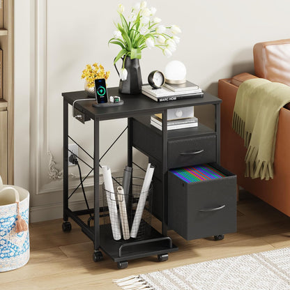 Printer Stand with Power Outlet/Fabric Drawers, Printer Cabinet with Storage Shelf and Rolling Shredder Stand, Printer Table for Home Office, 25.6"×17.7" Black