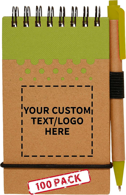 DISCOUNT PROMOS 100 Recyclable Spiral Small Notebooks Pack - Customizable Text, Logo - 60 Lined Pages - Lime Green