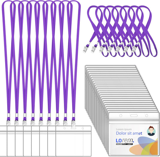 100Pcs Lanyards for ID Badges and 100 Pcs Clear Plastic Horizontal Name Badge ID Card Holders, Flat Neck Lanyards with Clip Waterproof Resealable Name Tag Badge ID Card Holders (Purple)