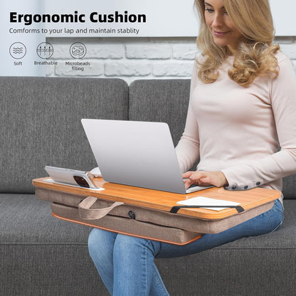 wishacc Oversized Bamboo Lap Desk with Phone/Tablet Slots & Cushion Pillow – Extra-Large Portable Laptop Stand for Home, Office, Bed, Car