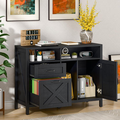 Lateral File Cabinet with 2 Drawers and Door, Farmhouse File Cabinet for A4/Letter Size Hanging Files, Large Wood File Storage Cabinets Printer Stand with Open Space for Home Office Furniture, Black