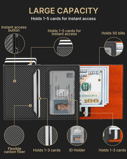 typecase Mens Wallet Card Holder: Pop Up Aluminum Case, Carbon Fiber Leather, Smart, RFID Blocking, Slim, Minimalist, Front Pocket - 9-14 Card Capacity | ID Window | Cash Slot (Orange)