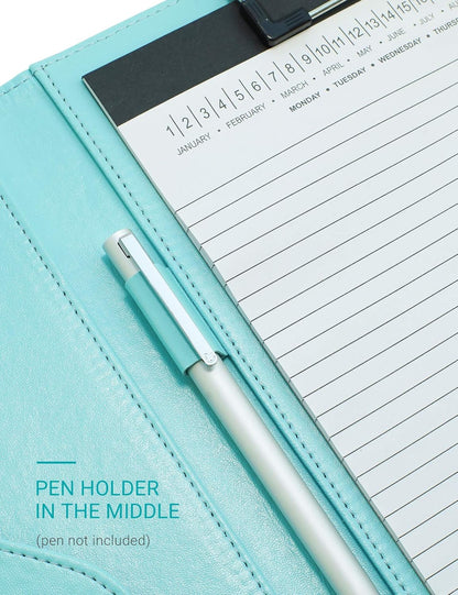 Clipboard Folder Padfolio, Writing Portfolio Faux Leather Clipboards with Cover for Legal Pad Holder Letter Size A4 8.5 x 11 for Business Conference Notepad Clip Boards (Pale Turquoise)