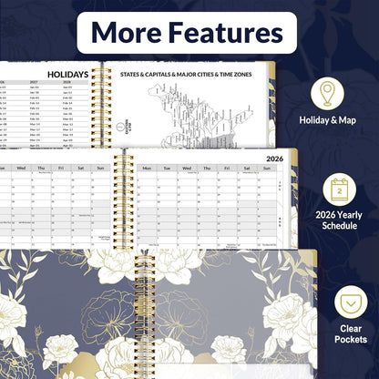 SUNEE 2026 Weekly and Monthly Planner - from January 2026 - December 2026, 6.4" x 8.3" Daily Agenda Planner with Monthly Tab, Flexible Cover, Note Pages, Pockets, Bookmark, Dark Blue Marble