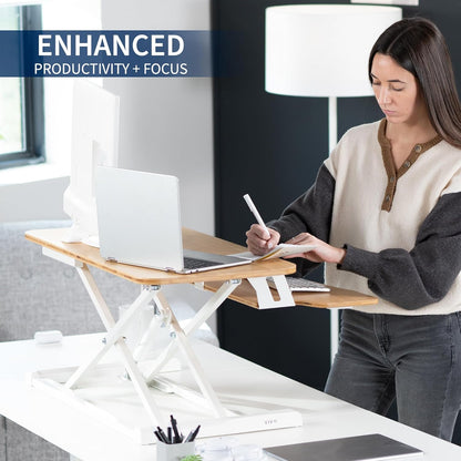 VIVO 32 inch Desk Converter, K Series, Height Adjustable Sit to Stand Riser, Dual Monitor and Laptop Workstation with Wide Keyboard Tray, Bamboo Top, White Frame, DESK-V000KO