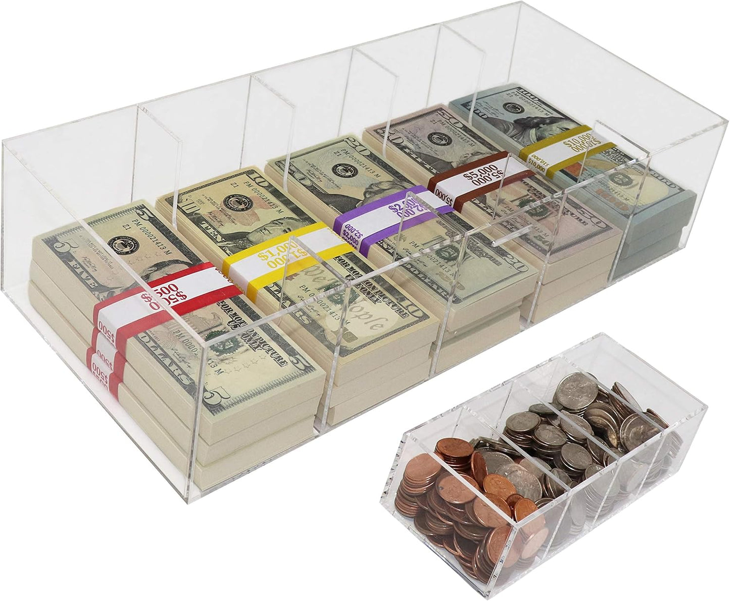 Acrylic Money Tray with Coin Tray Insert, 5 Compartment Clear Cash Organizer Currency Money Storage Box, 300 Money Wrappers Included