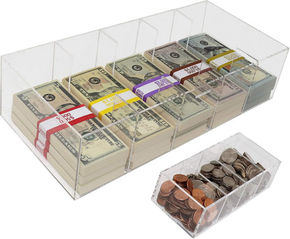Acrylic Money Tray with Coin Tray Insert, 5 Compartment Clear Cash Organizer Currency Money Storage Box, 300 Money Wrappers Included