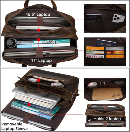 Masa Kawa Leather Briefcase for Men 15.6", 17" Laptop Computer Case Business Travel Work Messenger Cross Body Shoulder Bag