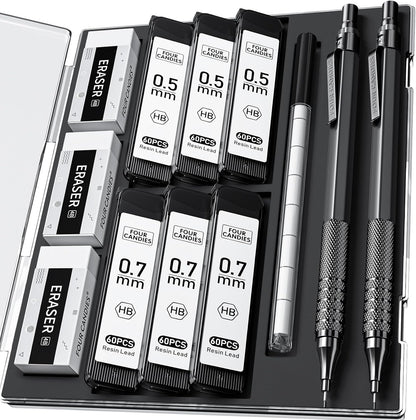 Four Candies 2PCS Metal Mechanical Pencils Set with Case, 0.5mm & 0.7 mm Artist Pencil with 6 Tubes (360PCS) HB Lead Refills, 3 Erasers,9 Eraser Refills For Writing Drafting, Drawing, Black