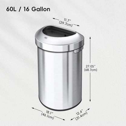 EKO Urban 16 Gallon Semi-Round Open Top Waste Bin, Stainless Steel Half Round Commercial Trash Can for Indoor and Outdoor, Extra Large Metal Garbage Bin for Home, Office, Restaurant, Restroom, 60L