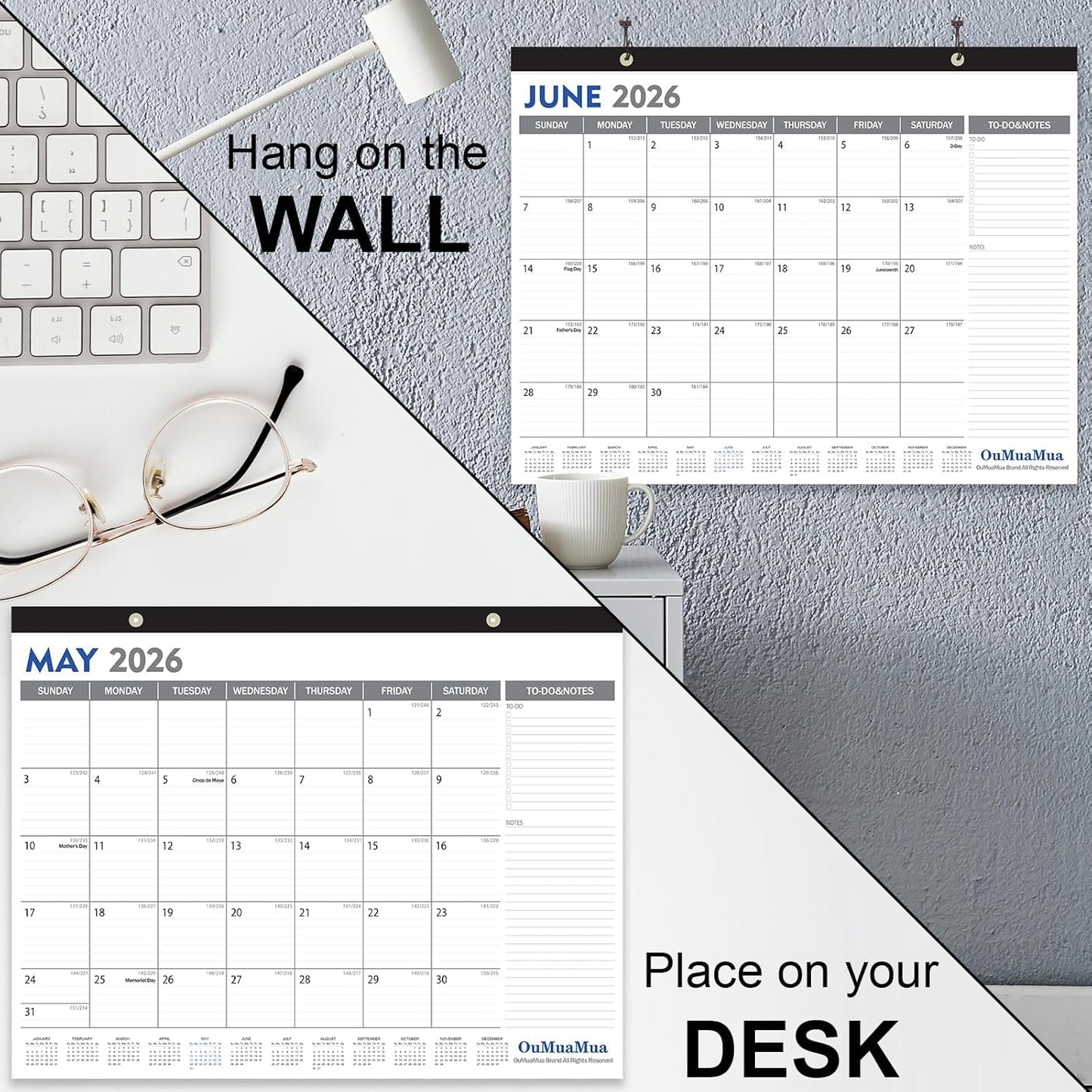 OuMuaMua 3-Pack Large Desk Calendars 2025-2026 - 19 Months from Jun. 2025 through Dec. 2026, 22" x 17" Desktop Wall Calendar with Julian Date To-do & Notes, Corner Protectors for School Home Office