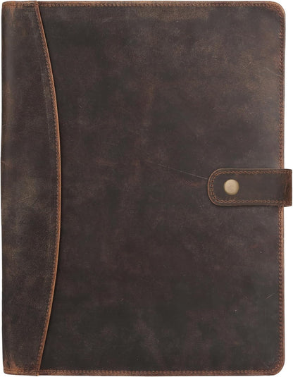 KomalC Leather Portfolio Folder with Button Closure | Business Padfolio for Professionals | Vintage Full-Grain Leather Organizer with Legal Pad Holder, Card Slots & Document Pockets (Distressed Tan)