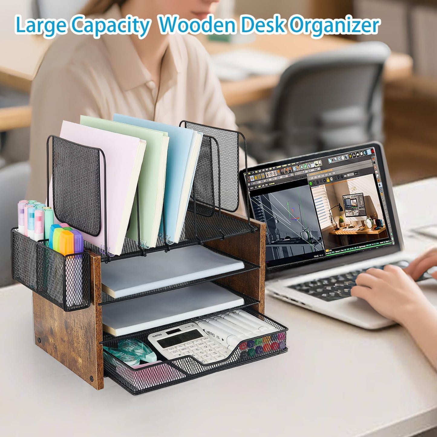 Wood Desk Organizers and Accessories, 4-Tier Workspace Desktop Paper Organizer with Drawer, 5 Vertical File Holders and Pen Holder for Office Supplies