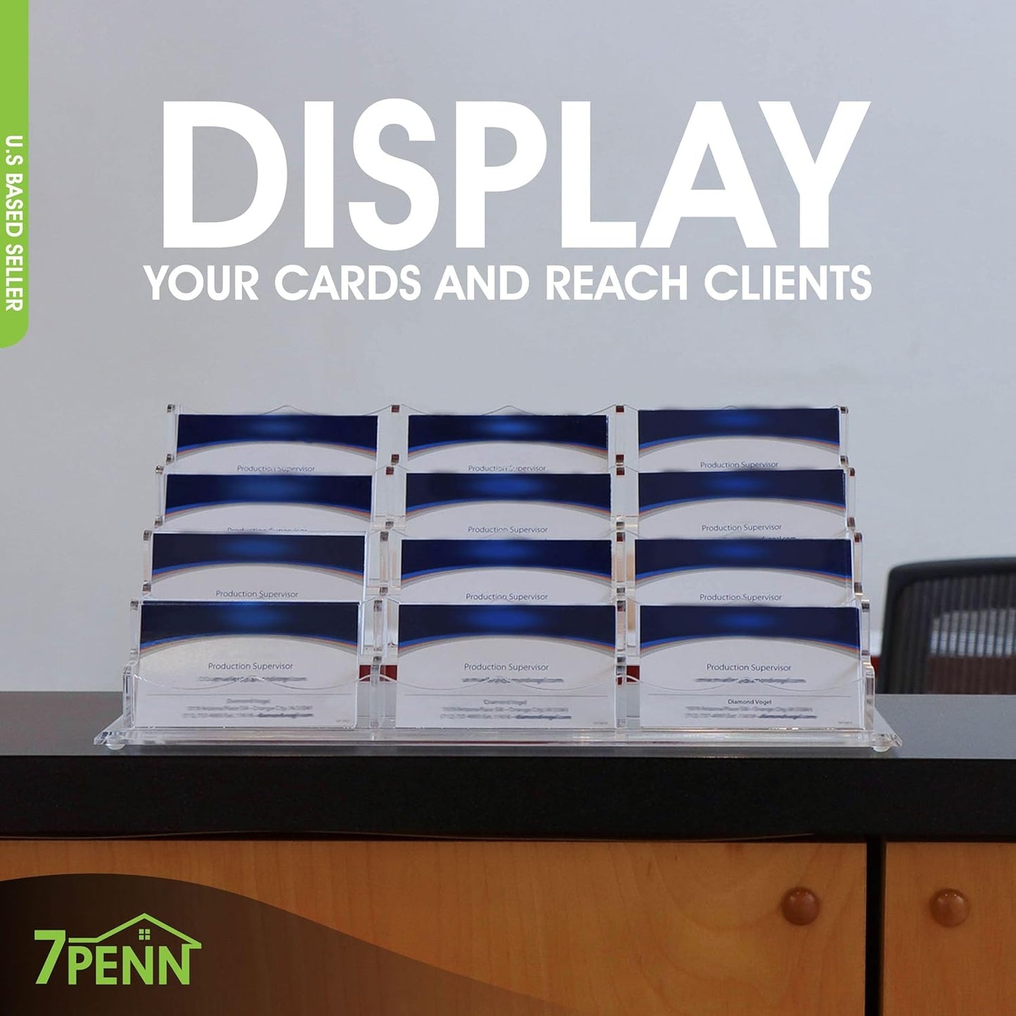 7Penn Acrylic Business Card Holder for Desk - 12 Slot Card Organizer for Desk Storage - Clear Countertop Sticker Display 3 Tier Horizontal Business Card Display Rack - 600 Card Holder Stand
