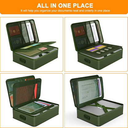 Document Organizer with 5200℉ Heat Insulated, 16.1"x11.4"x4.3" Waterproof and Fireproof Document Box with Lock, Home Strong Fireproof Safe Storage Box for Legal Size Documents and File，Green