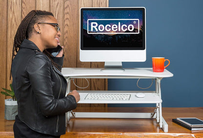 Rocelco 32" Height Adjustable Standing Desk Converter - Quick Sit Stand Up Dual Monitor Riser - Gas Spring Assist Tabletop Computer Workstation - Large Retractable Keyboard Tray - White (R ADRW)