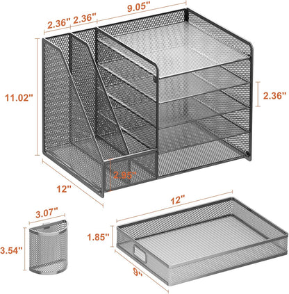 Marbrasse 5-Tier Paper Letter Tray Organizer with Drawer and Pen Holder, Mesh Desktop Organizer and Storage with Magazine Holder for Office Supplies (Grey)