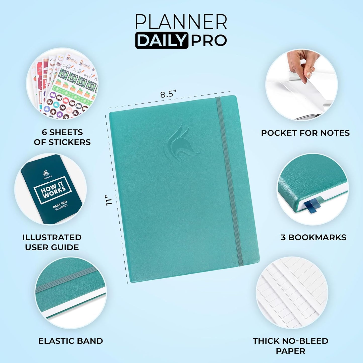 Clever Fox Planner Daily PRO - 8.5 x 11" A4 Size Daily Life Planner and Gratitude Journal to Increase Productivity, Time Management and Hit Your Goals - Undated - Lasts 3 Months (Aquamarine)