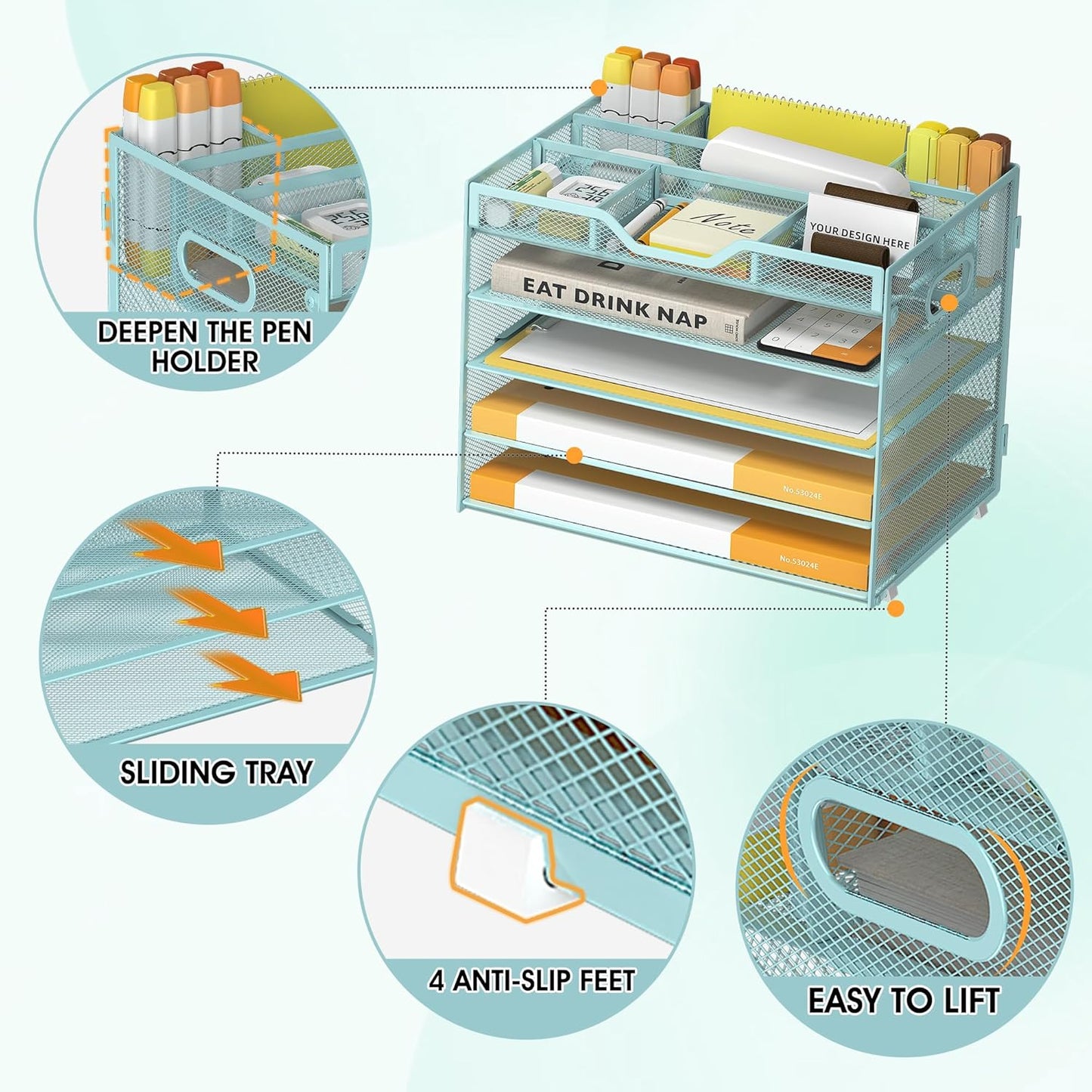 5 Tier Paper Letter Tray with 3 Drop-in Pen Holders, Mesh Desk File Organizer with Handle, Desk Organizers and Accessories for School,Home, Office Supplies Storage-Blue