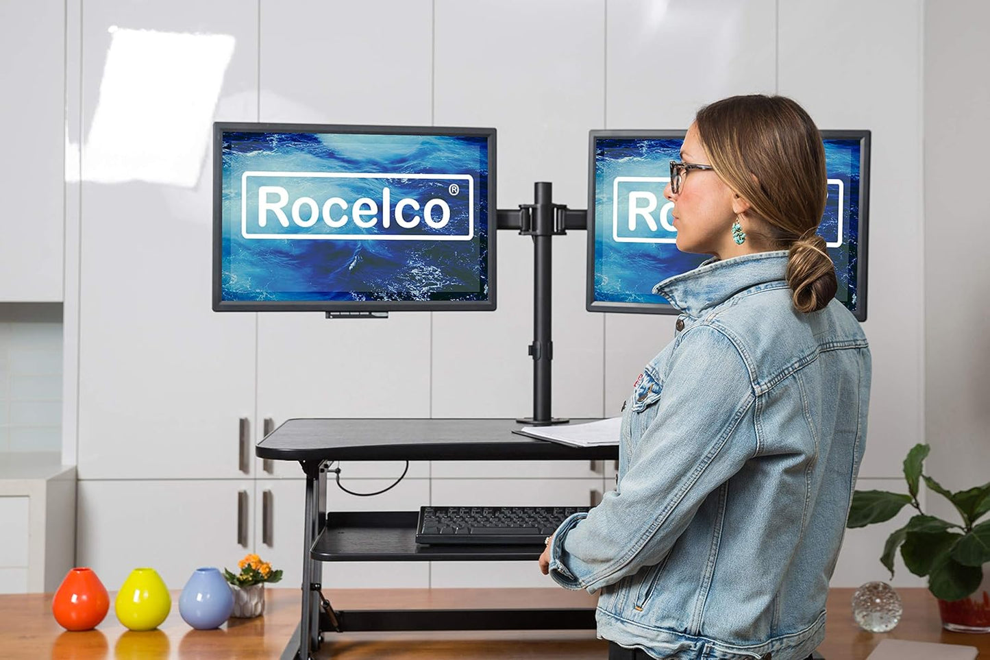 Rocelco 37.5" Deluxe Height Adjustable Standing Desk Converter with Dual Monitor Mount BUNDLE - Quick Sit Stand Up Computer Workstation Riser - Large Retractable Keyboard Tray - Black (R DADRB-DM2)