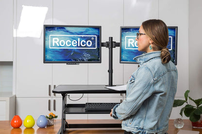 Rocelco 37.5" Deluxe Height Adjustable Standing Desk Converter with Dual Monitor Mount BUNDLE - Quick Sit Stand Up Computer Workstation Riser - Large Retractable Keyboard Tray - Black (R DADRB-DM2)