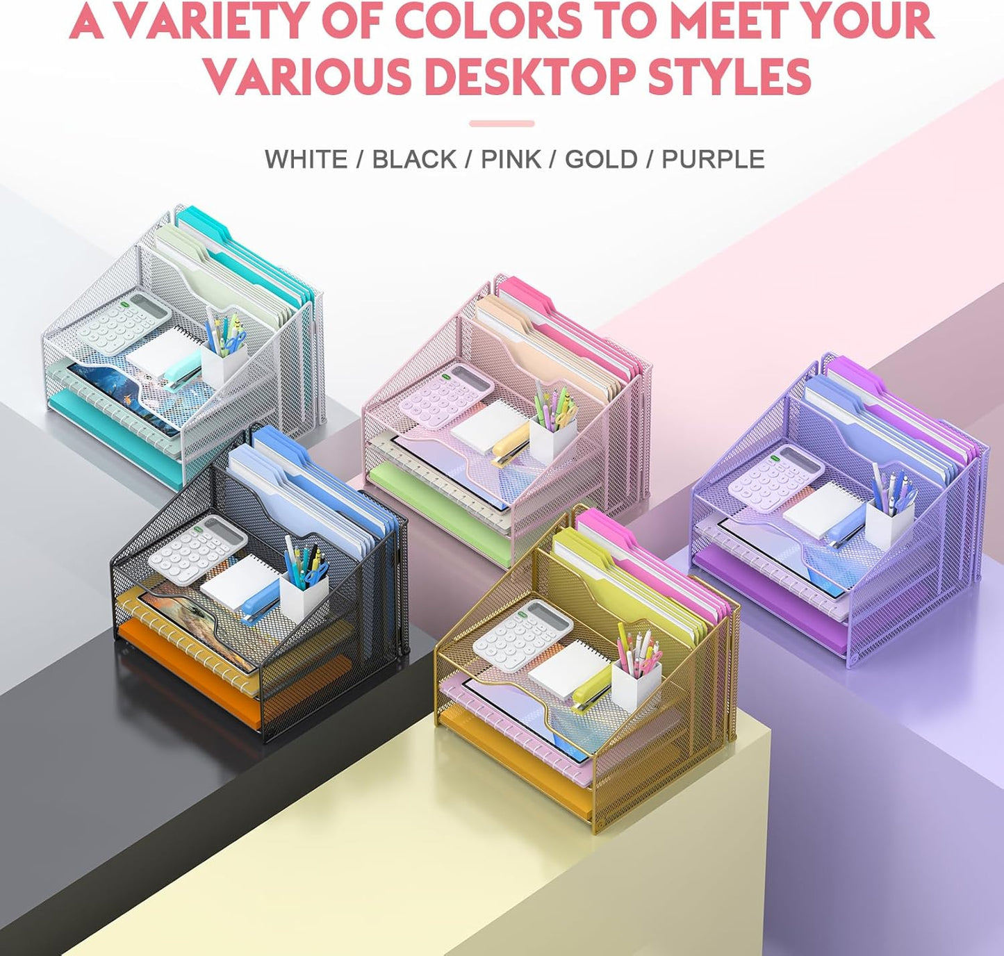 samstar Pink Desk File Organizer, Mesh Letter File Folder Holder with 3 Paper Trays and 2 Vertical Upright Section, for Office Supplies, Desk Accessories & Workspace, Pink