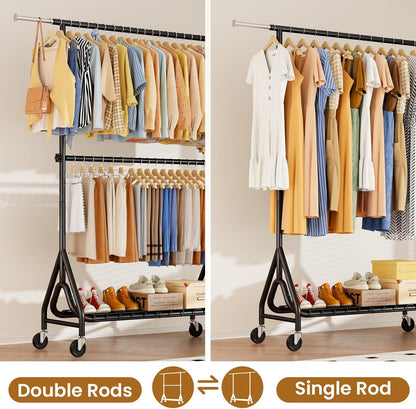 Double Rods Clothing Rack, Heavy Duty Clothes Rack for Hanging Clothes Load 560LBS, Metal Rolling Garment Racks with Wheels, Freestanding Clothes Hanging Racks, Black