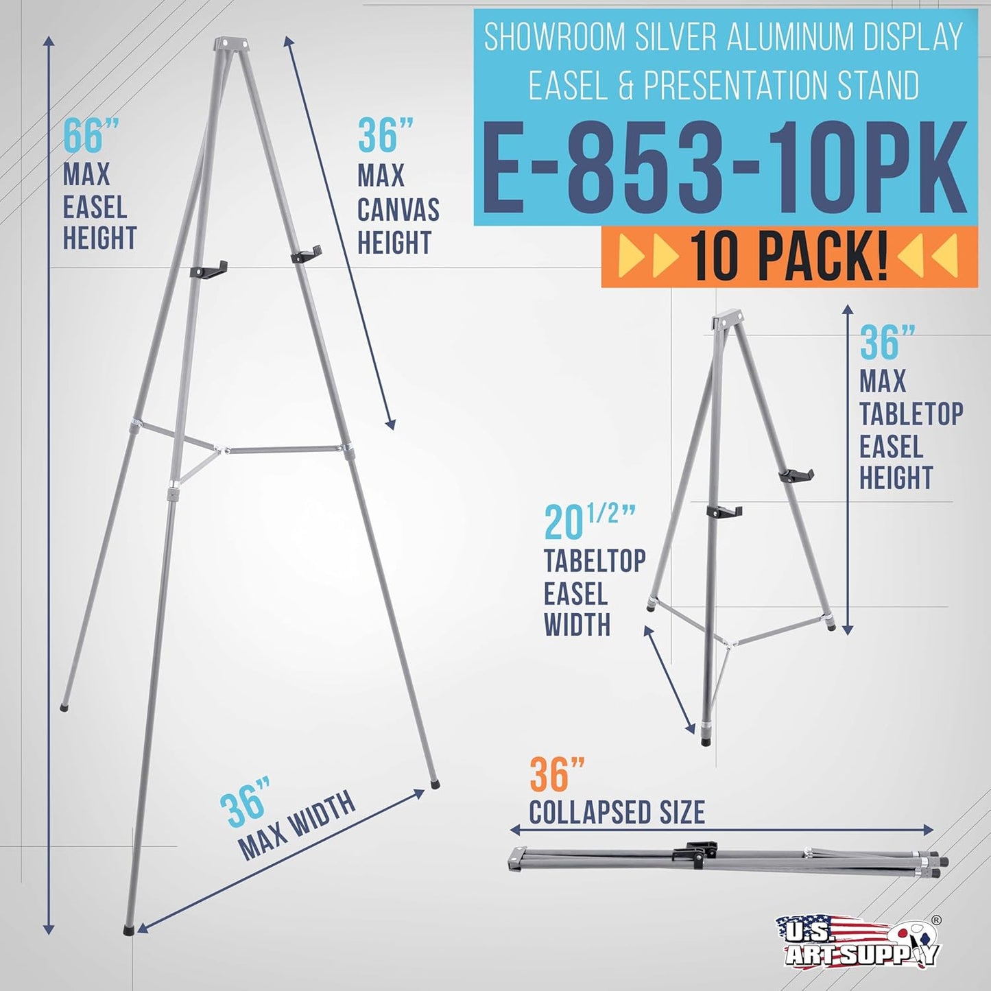 U.S. Art Supply 66" High Gallery Silver Metal Display Easel (10 Pack) - Large Adjustable Height Portable Easel Stand, Sign Display, Holds 25 lbs - Floor & Tabletop Easels, Painting Stand