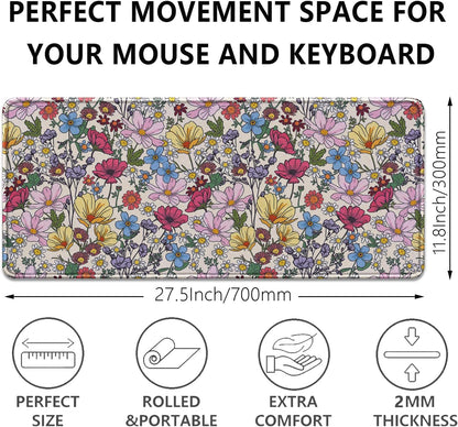 Colorful Flowers Mouse Pad,Large Floral Mousepad Desk Pad with Stitched Edges,Non-Slip Waterproof Rubber Base Mouse Mat for Office Computer Keyboard Laptop Home(27.5x11.8 in)