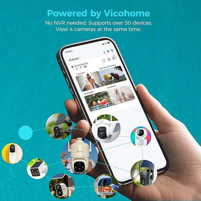 Vicohome 4CG6B Best 2K Solar Security Camera Wireless Outdoor,Battery Powered Camera,Easy to Setup, Motion Detection,Two Way Audio, Audible Flashlight Alarm,2.4GHz Wi-Fi,Color Night Vision, SD Slot