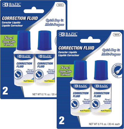 BAZIC Correction Fluid (0.7 oz / 20 ml), Soft Bristle Brush Applicator, Instant Corrections Pen White Out Wipe Out Liquid (2/Pack), 2-Packs