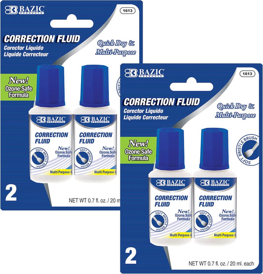 BAZIC Correction Fluid (0.7 oz / 20 ml), Soft Bristle Brush Applicator, Instant Corrections Pen White Out Wipe Out Liquid (2/Pack), 2-Packs