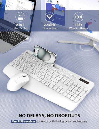 Wireless Keyboard and Mouse Combo - Full-Sized Ergonomic Keyboard with Wrist Rest, Phone Holder, Sleep Mode, Silent 2.4GHz Cordless Keyboard Mouse Combo for Computer, Laptop, PC, Mac, Windows,White