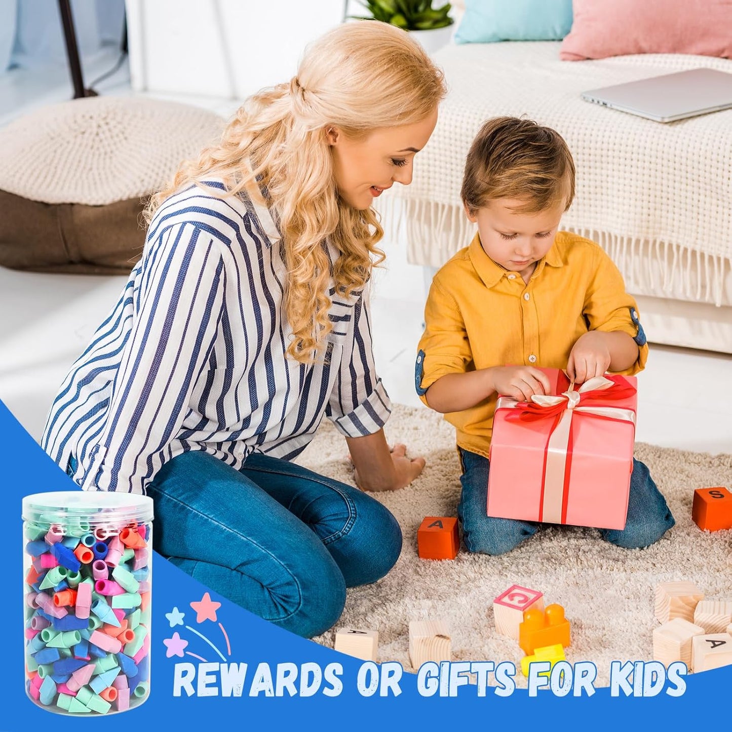 PRALB 1000PCS Pencil Top Eraser Bulk Caps for Pencils,Chisel Shape Erasers Toppers for Party Favors Games Prizes, Pencil Top Erasers Cap for Home School Classroom Office Ocean Color