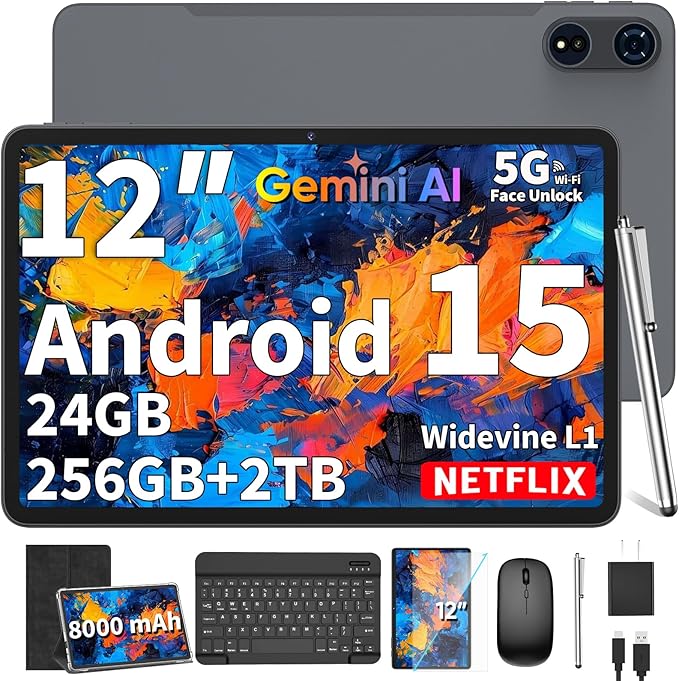 2026 12 Inch Tablet, Android 15 Tablets with Keyboard, 24GB+256GB+2TB Expand, 2K Display, Tablet PC with 5G WiFi, Octa-Core, 8000mAh, BT5.0, GMS, GPS, 2 in 1 Tablets with Case, Mouse, Stylus(Black)