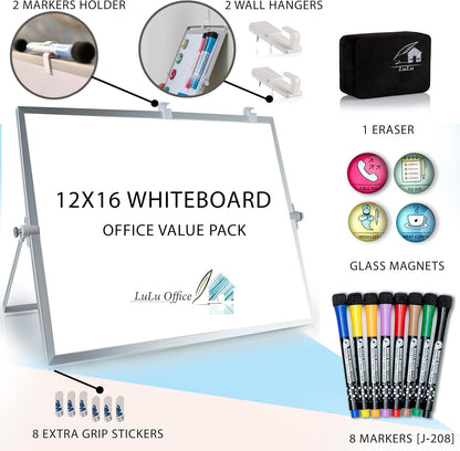 12x16 Magnetic Dry Erase Whiteboard – Double-Sided Desktop Board with Stand, 8 Markers, 4 Glass Magnets, Eraser, Marker Holder – Portable Wipe Off Board for Desk, Wall, School, Home