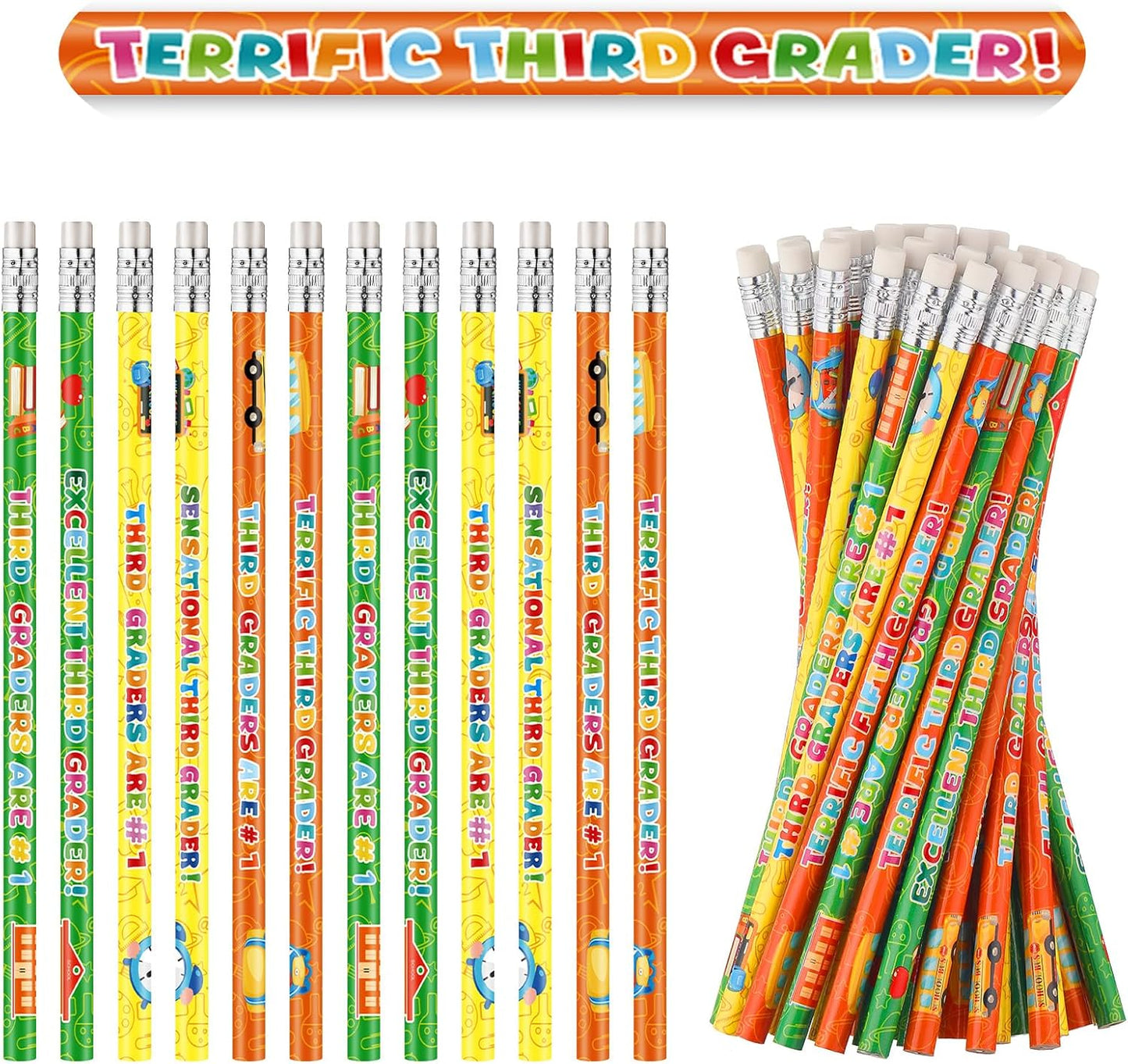 Tenceur 48 Pcs 3rd Graders Pencils, 3 Motivational Cute Pencils Bulk with Erasers for Kids Student Teacher Classroom Reward Back to School Supplies