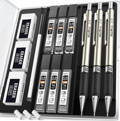 Nicpro RG1000 0.9 mm Art Mechanical Pencil Set in Storage Case, 3 PCS Metal Drafting Pencil Lead Pencil with 6 Tube HB Refills, 3 Erasers, 9 PCS Eraser Refills for Artist Writing, Drawing, Sketching