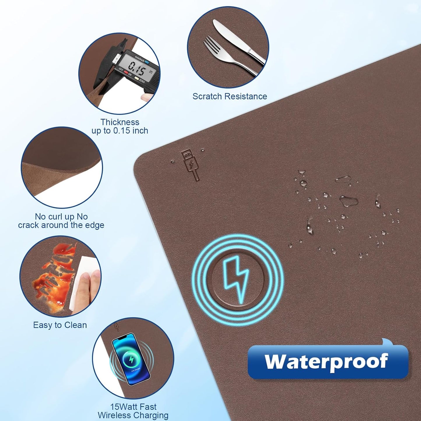 Wireless Charging Desk Mat with Desk Pad for Desktop Charging Large Mouse Pad Waterproof Leather Computer Mat Mouse Pad Non-Slip Protector on Top of Desks for Keyboard and Mouse (brown-l, 36*17inch)