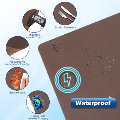Wireless Charging Desk Mat with Desk Pad for Desktop Charging Large Mouse Pad Waterproof Leather Computer Mat Mouse Pad Non-Slip Protector on Top of Desks for Keyboard and Mouse (brown-l, 36*17inch)