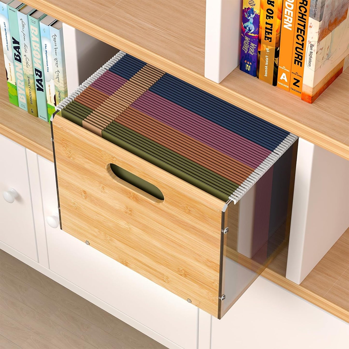 Letter/Legal Bamboo Acrylic File Box Organizer, Hanging File Folder Storage Boxes, Decorative Document Crate Transparent Filing Bin with Handle for Home Office Desk