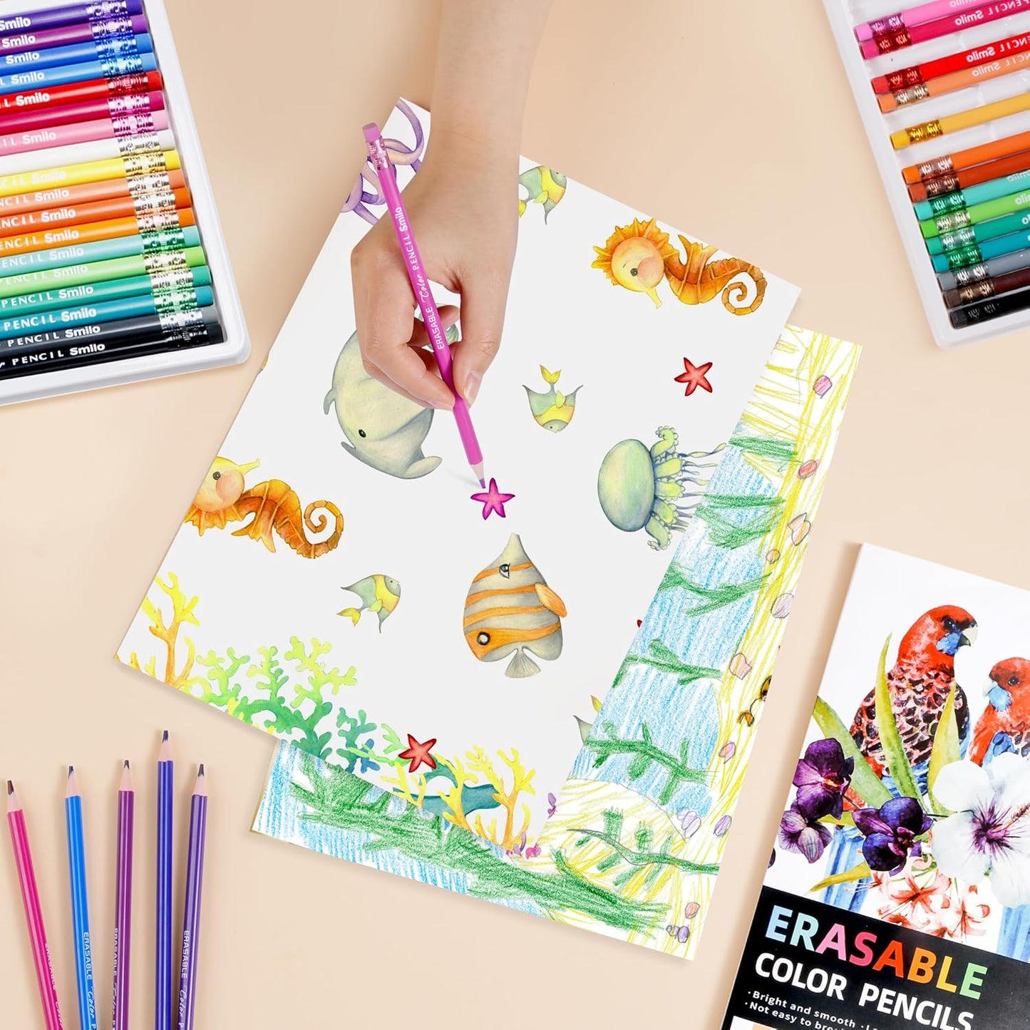 Smilo 36-Count Erasable Colored Pencils with Erasers - Vibrant & Smooth Colors for Drawing, Coloring Books, School Art Projects - Premium Art Supplies for Kids, Adults & DIY Crafts