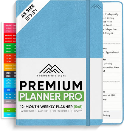 PRODUCTIVITY STORE Pro - Undated, 2025 Planner, 5.8” x 8.3” - The #1 Productivity Planner to Achieve Your 2025 Goals - Planner 2025-2026 - Blue - A5